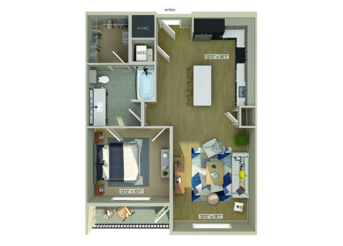 1 bedroom 1 bath 760 sqft.