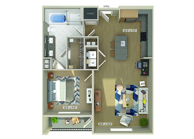 1 bedroom 1 bath 851 sqft.