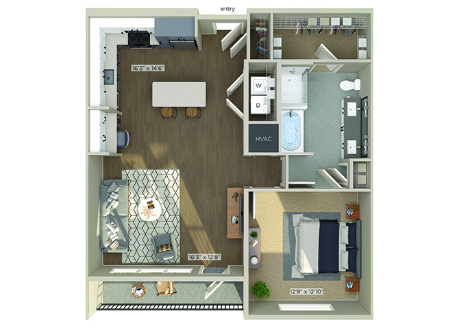1 bedroom 1 bath 886 sqft.